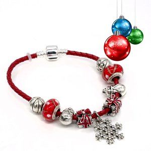 Bracelet Christmas Snowflake Charm Snowman Gifts Red Euro Beads Silver Clasp